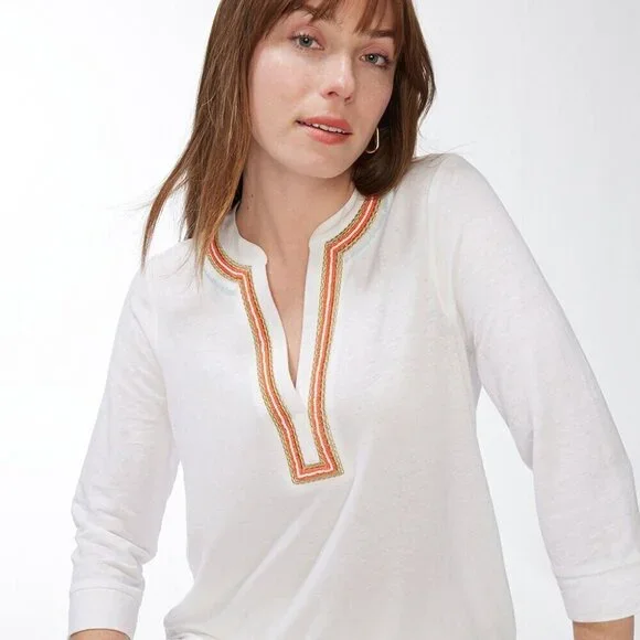 Chico's Beaded Embellished Notched Crew Neck 3/4 Sleeve White Linen Top (XL) - Picture 1 of 8